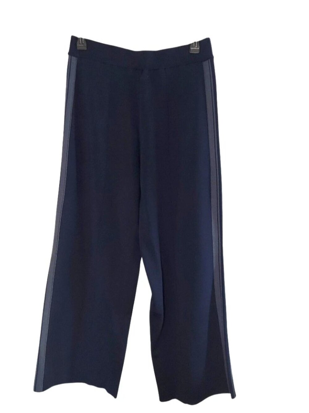 Reiss Womens Pants Size Medium Navy Blue Knitted Side Stripe Wide Leg Trousers - Picture 5 of 9